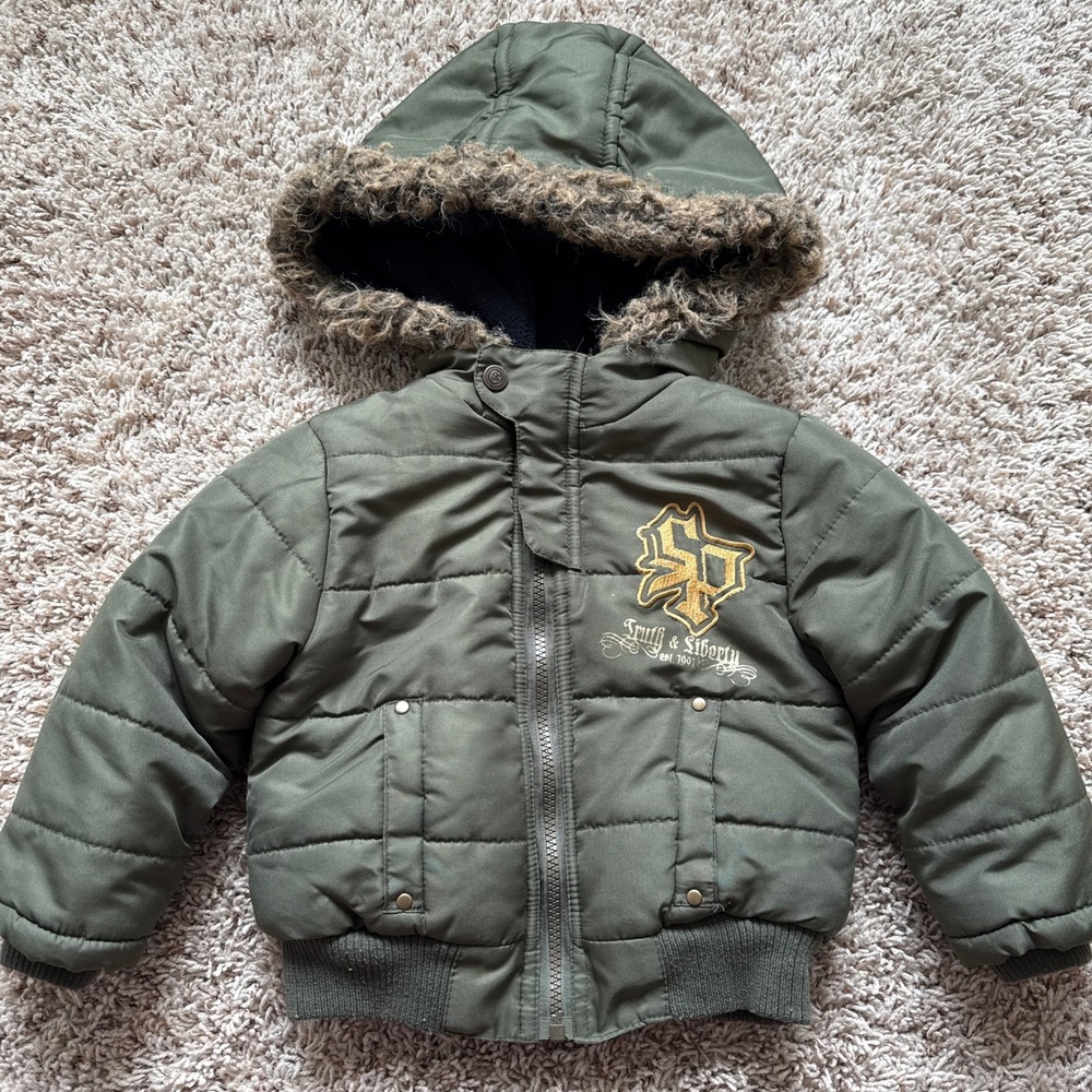 Southpole Kids Olive Green Puffer Jacket Hooded Faux Fur Trim Y2K 3T